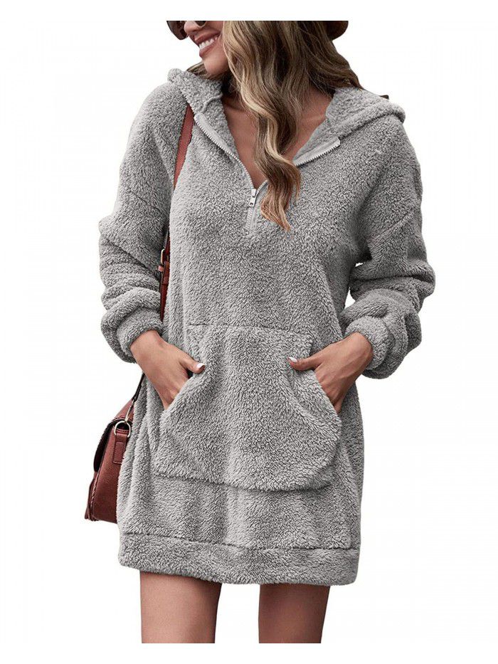 Autumn and Winter Women's Double Face Fleece Hoodie Loose Zip Plush Pocket Sweater Jacket 