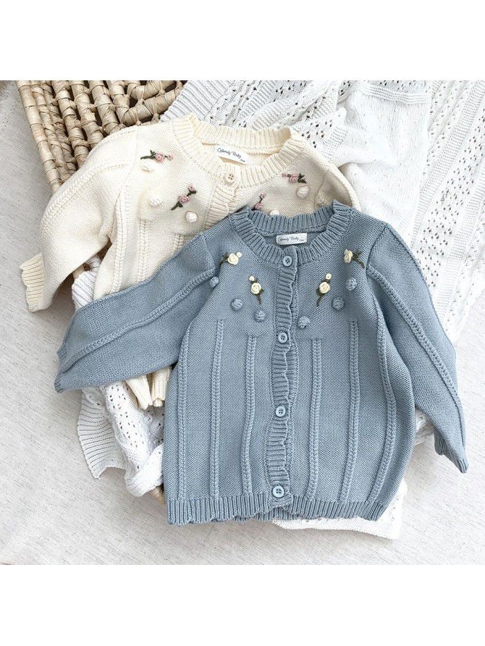 Baby girls embroidered cardigan sweater baby girls hand hook wool ball embroidered coat 