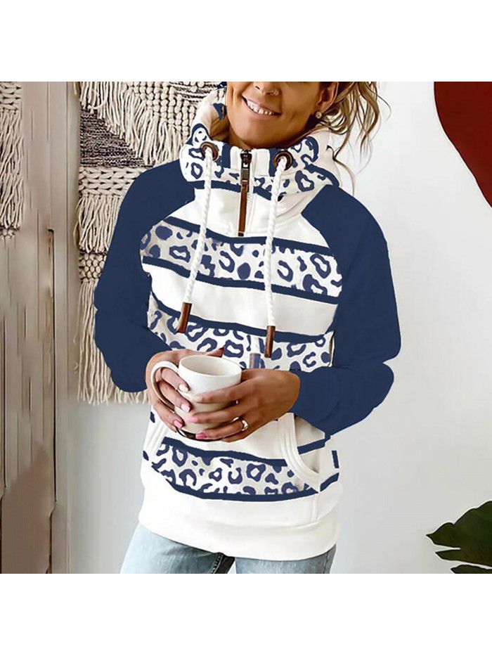 Autumn and winter women's printed hooded drawstring sweater loose fitting casual sweater for women