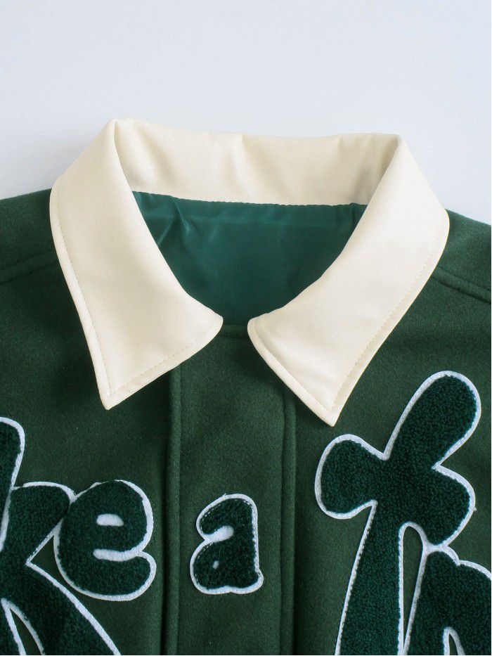 Autumn Fashion Polo Neck Jacket Loose Casual Coat Green Panel Flocking Embroidery Baseball Jersey