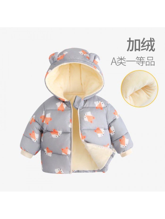 Baby's down cotton jacket, autumn and winter outdoor wear, foreign style plush hooded jacket, cute warm winter coat for boys and girls 