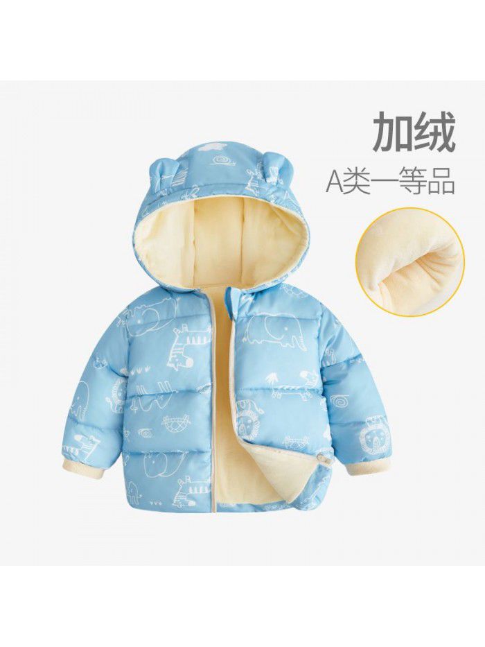 Baby's down cotton jacket, autumn and winter outdoor wear, foreign style plush hooded jacket, cute warm winter coat for boys and girls 