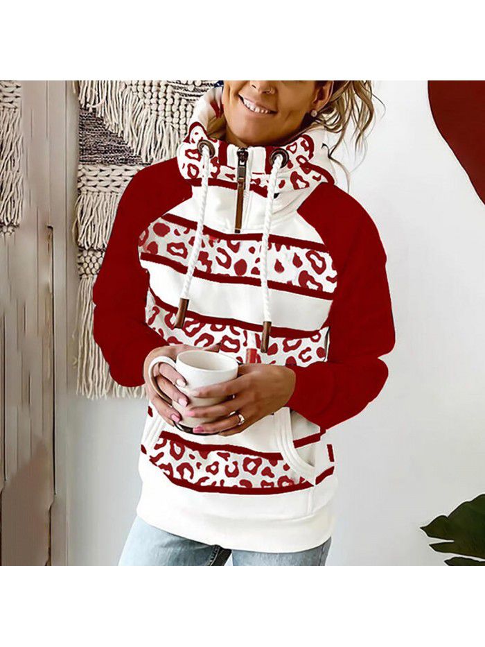Autumn and winter women's printed hooded drawstring sweater loose fitting casual sweater for women