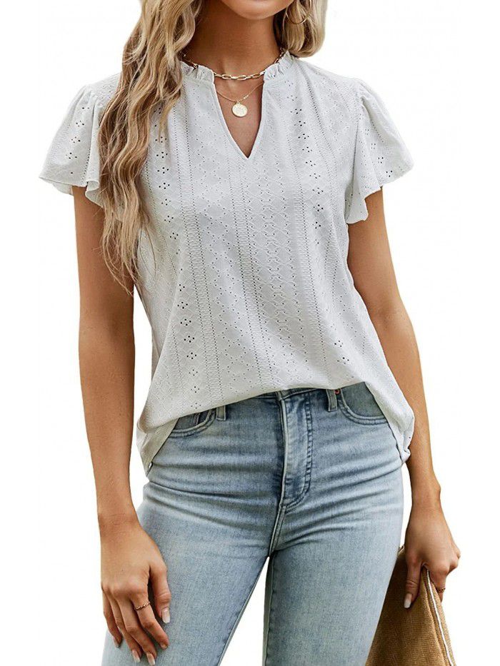 Spring/Summer Loose Solid V-Neck Ruffle Sleeve Jacquard T-shirt Women's Top 