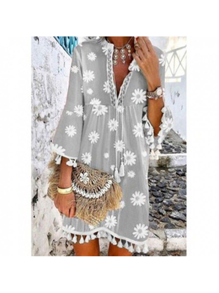 Summer New Hot Selling Print Daisy 3/4 Sleeve Tassel V-Neck Print Dress 