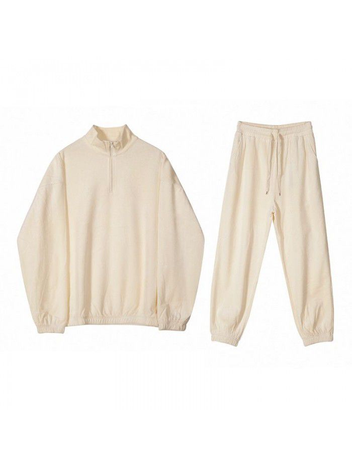 Trendy Sports Set Men's Autumn and Winter Loose Standing Neck Sweater Tie Feet Casual Pants Two Piece Set 