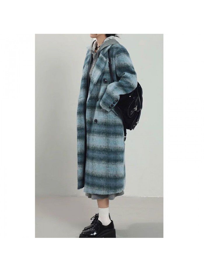 Blue plaid woolen coat for women's winter mid length woolen top coat