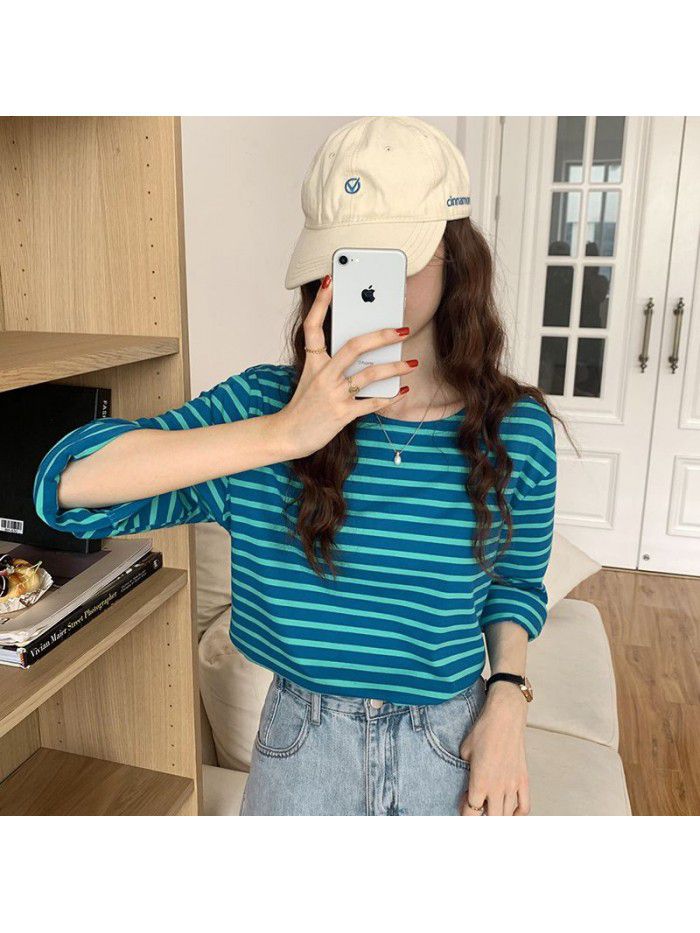 Long-sleeved striped t-shirt women's cotton loose autumn new style Korean T-shirt bottom coat women 