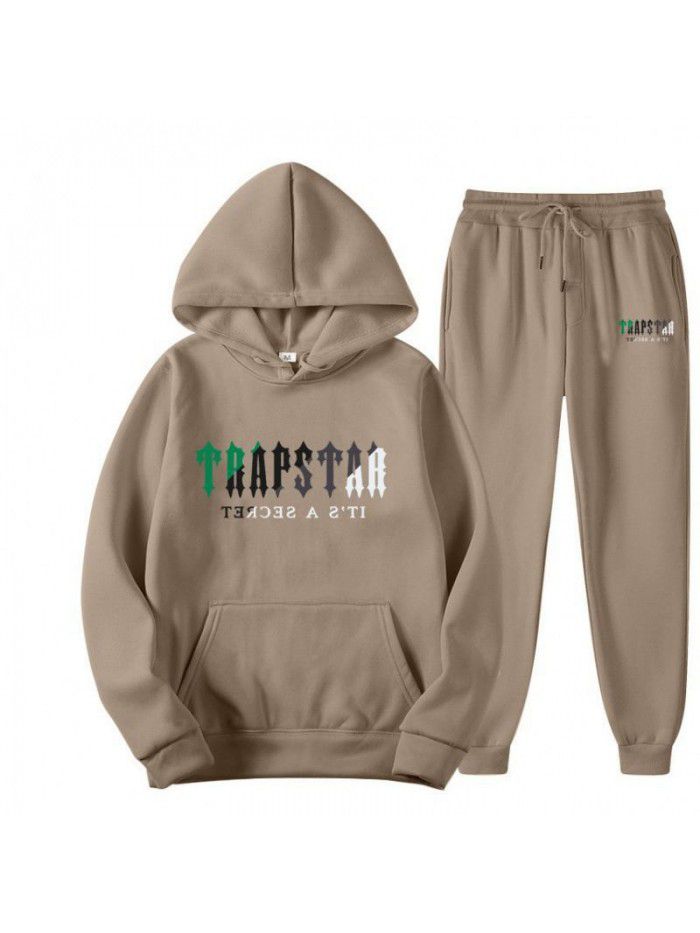 New men's hoodie set for spring, autumn, and winter, plush sweater, casual sports two-piece set 