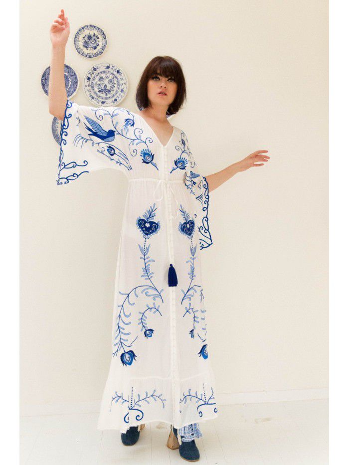 Autumn New Flower Embroidery V-neck Large Flare Sleeve Dress Long Dress 