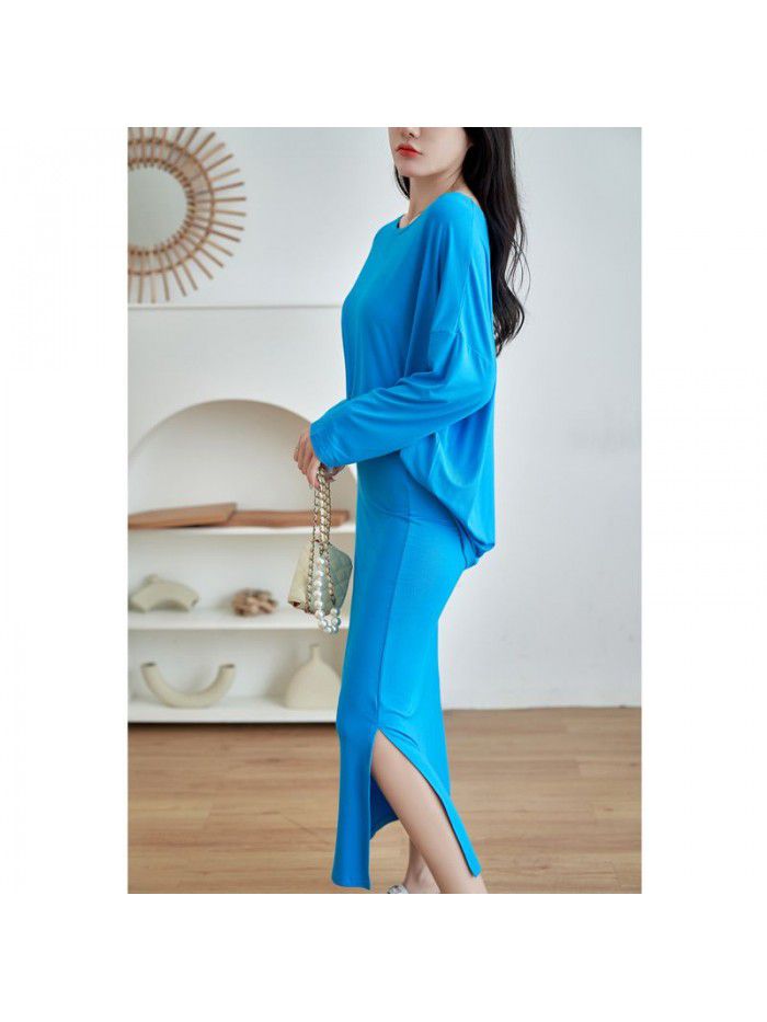 Loose body covering and slimming bat sleeve T-shirt with buttocks split high waist skirt and slimming dress set 