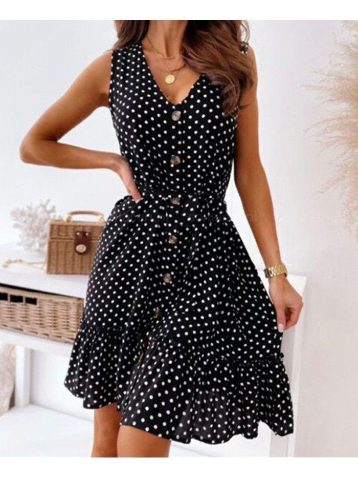Summer Lace up V-neck Mid length Dress Temperament Commuter New Wave Dot Dress 