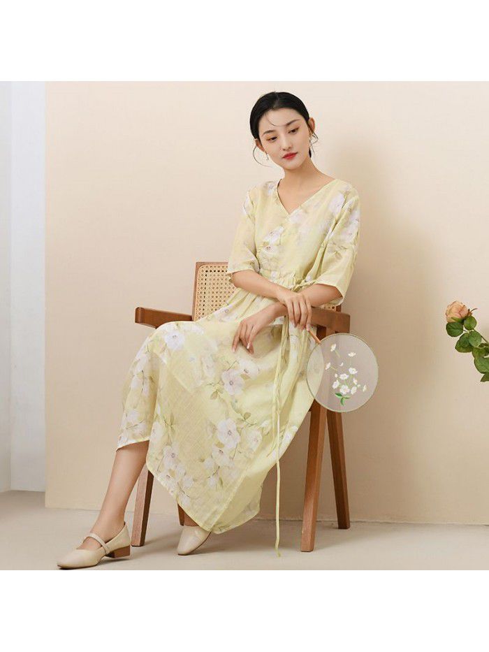 Cotton and linen women's clothing=new summer ramie printed dress for women with a slim V-neck and a retro Chinese long skirt 