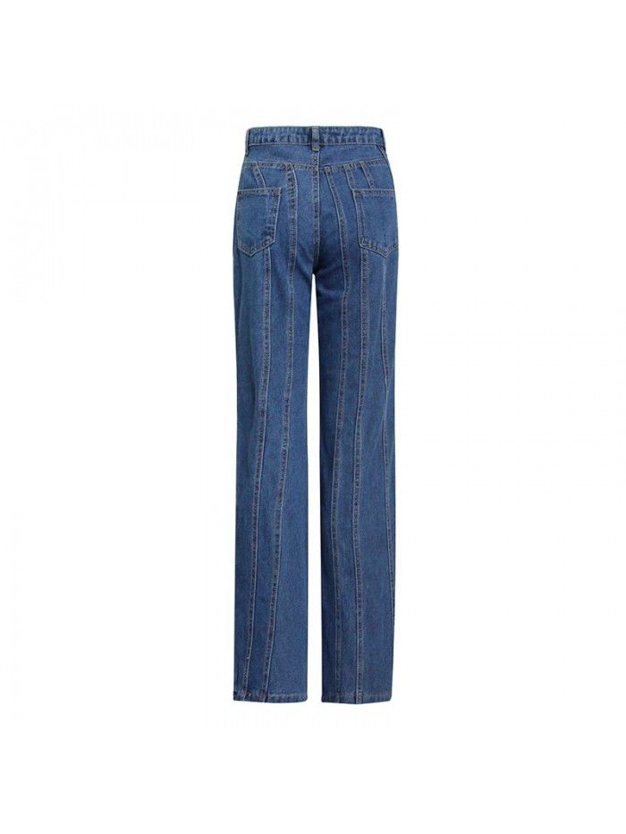 Autumn New Wash Irregular Line Spliced Mid Waist Style Long Casual Pants 