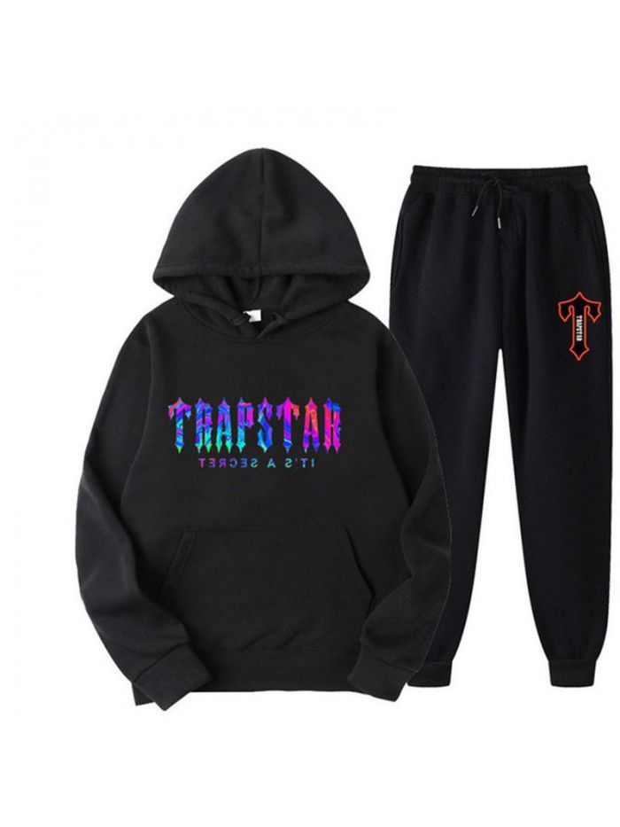 New men's hoodie set for spring, autumn, and winter, plush sweater, casual sports two-piece set 