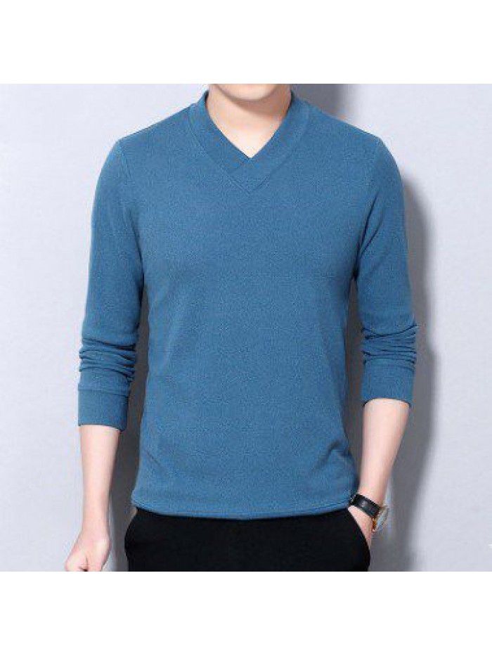 Men's double-sided velvet T-shirt, men's sweater, long sleeved V-neck, large size base coat, spring and autumn new solid color matte top 