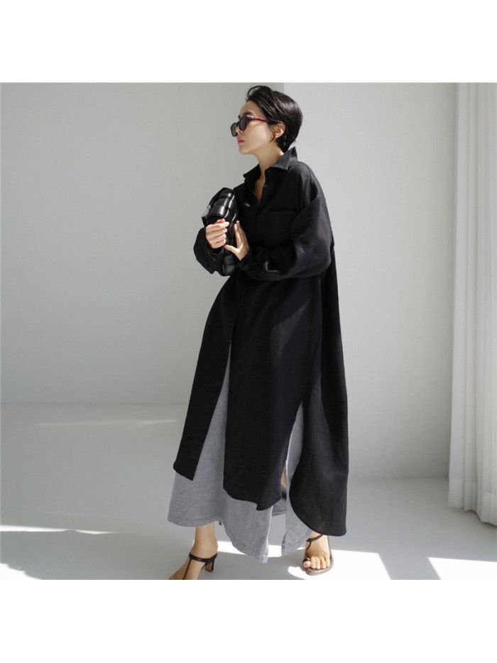 Cotton linen shirt skirt loose irregular bottom shirt sunscreen cardigan long knee length dress trendy dress cotton 