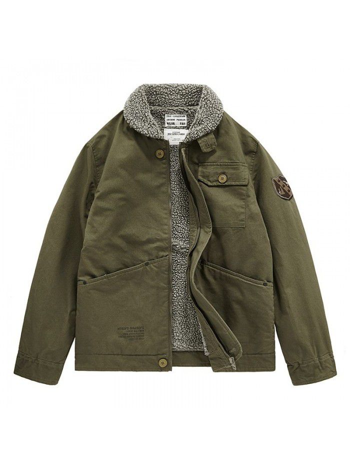 Winter lamb cashmere jacket, men's thickened cotton jacket, multi pocket deck suit, plush jacket