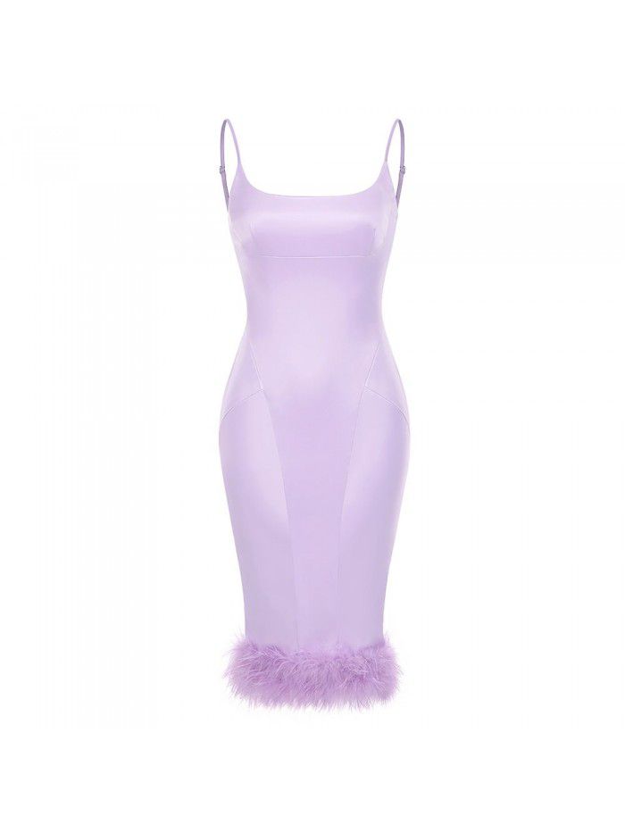 Fashionable high-end women's clothing in Europe and America, sexy bag buttocks, suspender dress, ostrich hair dress, high-end temperament dress 