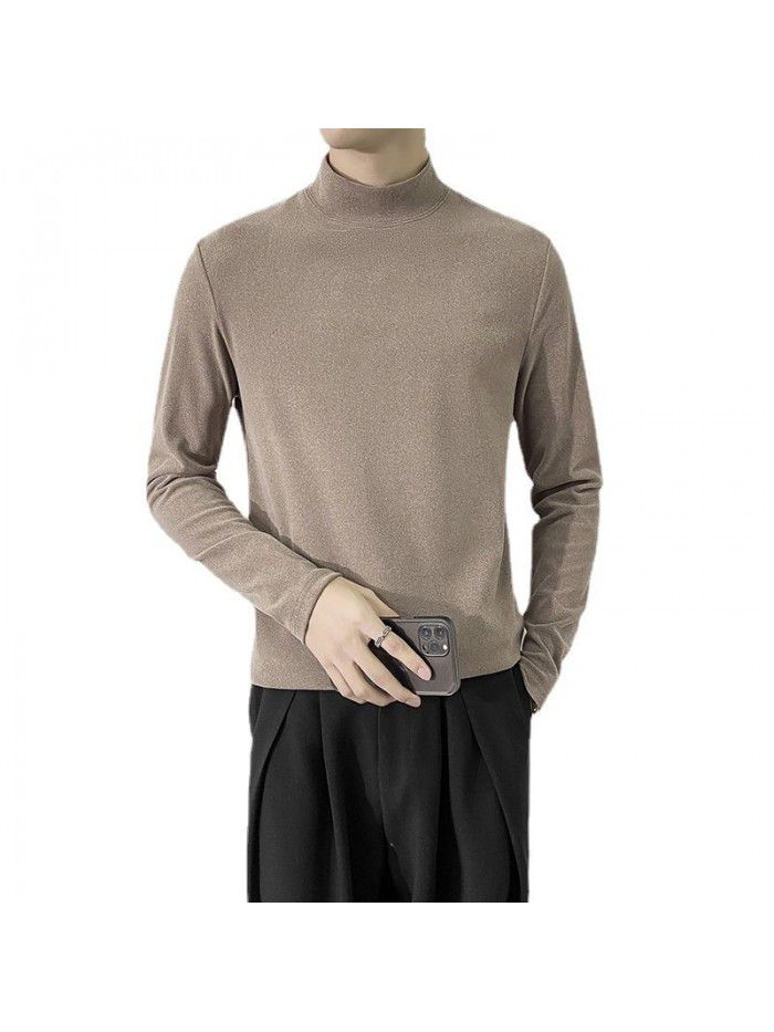 Autumn and Winter New Men's German Velvet Half High Neck Light Mature Style Long Sleeve T-shirt Men's Solid Round Neck Large Casual Bottom Shirt 