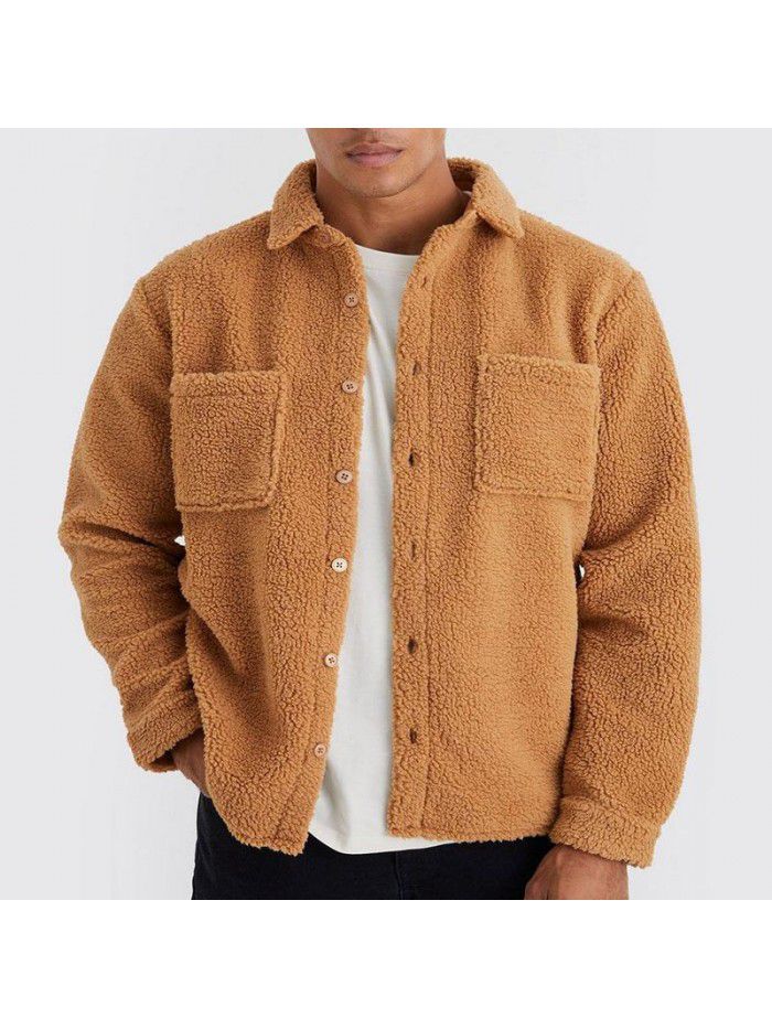Autumn and winter loose button down lapel solid color cardigan jacket men's plush coat