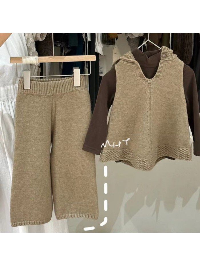 Winter New Girls' Solid Color Hooded Vest Sweater Two Piece Set Girls' Wide Leg Pants Knitted 