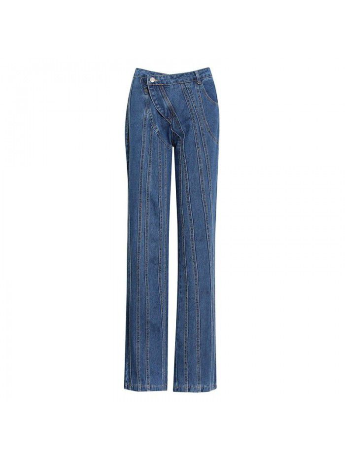 Autumn New Wash Irregular Line Spliced Mid Waist Style Long Casual Pants 
