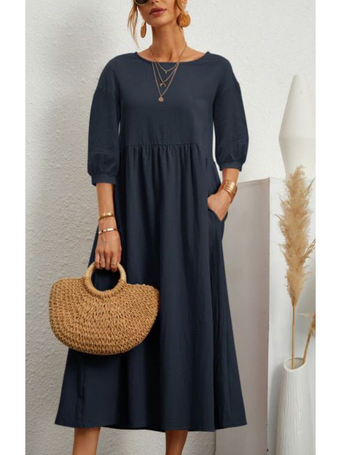 New Women's Solid Color Fashion Lantern Sleeves Loose Cotton Linen Pocket Dress 