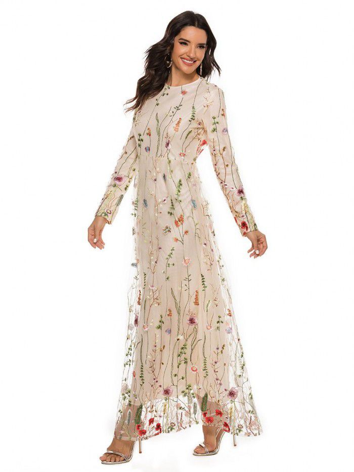 Fashion Embroidery Dress Sweet Flower Lace Long Dress  Fashion Embroidery Dress Sweet Flower Lace Long Dress
