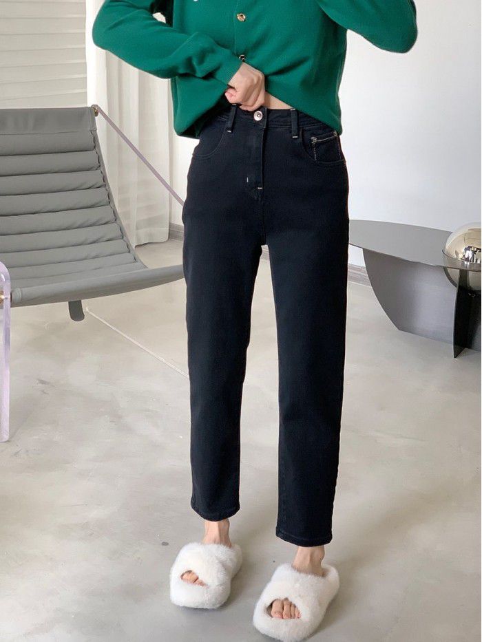 High Waist Straight Leg Jeans Women's New Black Slim Leg Length Short Versatile Crop Pants Smoke Tube Pants 