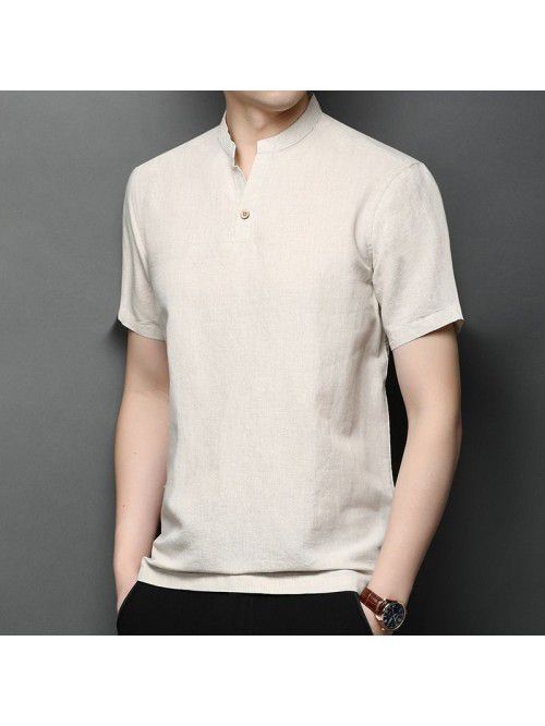 New Summer Men's Linen T-shirt Solid Fit Short Sle...
