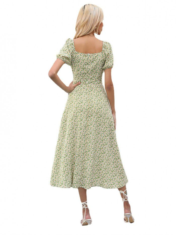 New Women's Lace Print Split Thigh A-line Short Sleeve Dress for Women 