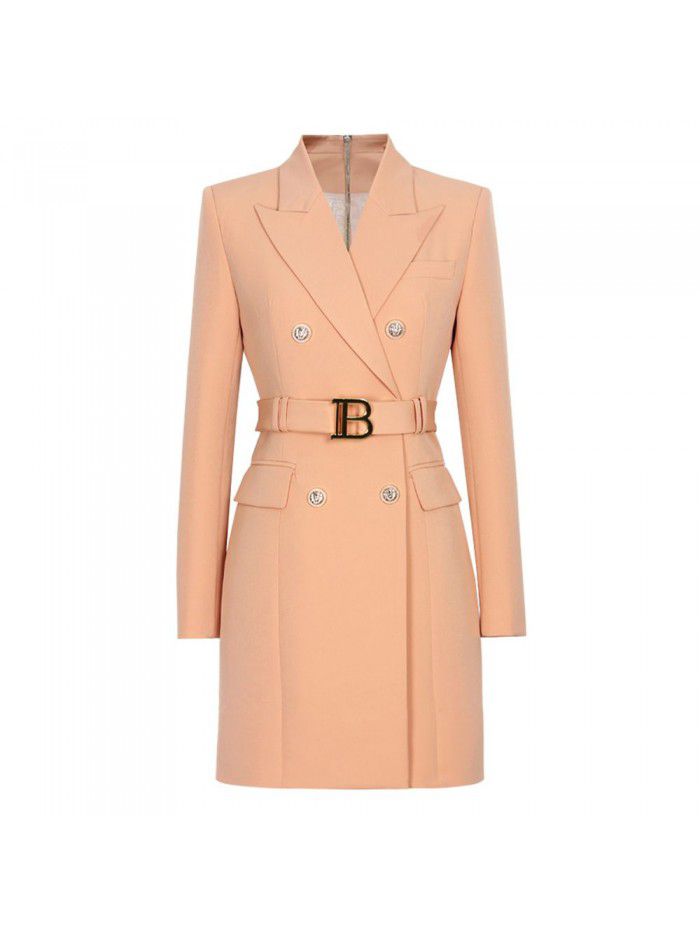 Spring and Autumn New Fashion High grade Solid Color Belt Long Sleeve Slim Fit Temperament Commuter Suit Dress Women 