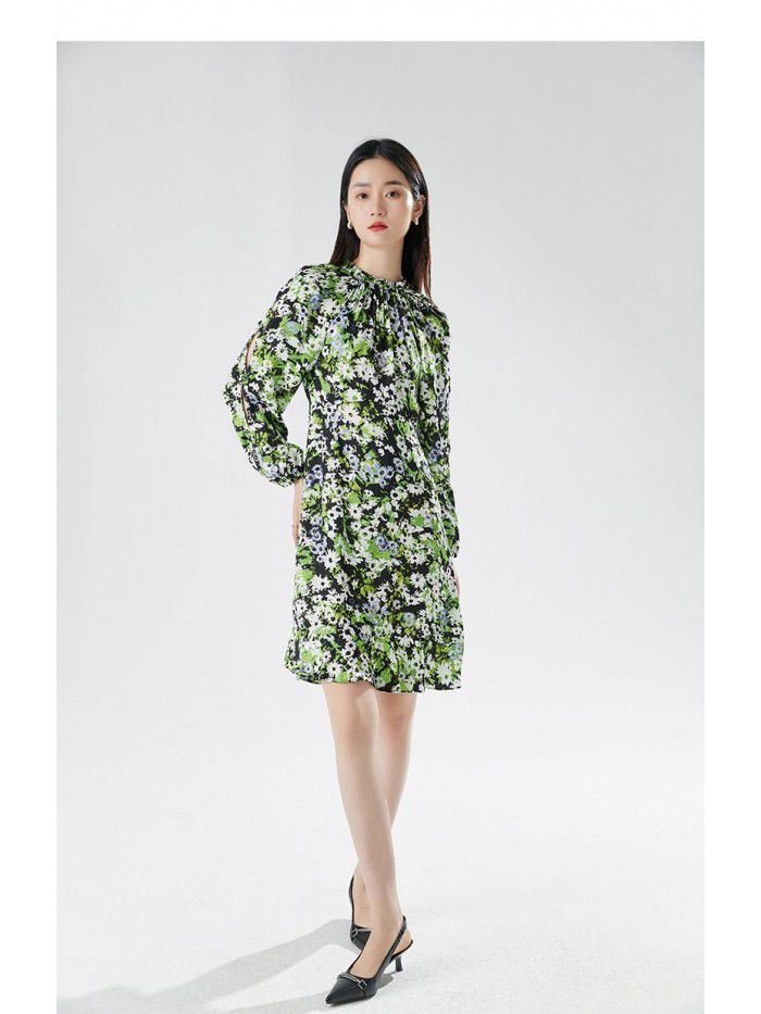 New Women's Style Commuter Bubble Sleeves High Waist A-line Dress Mid length Dress Printed Fragmented Flowers 