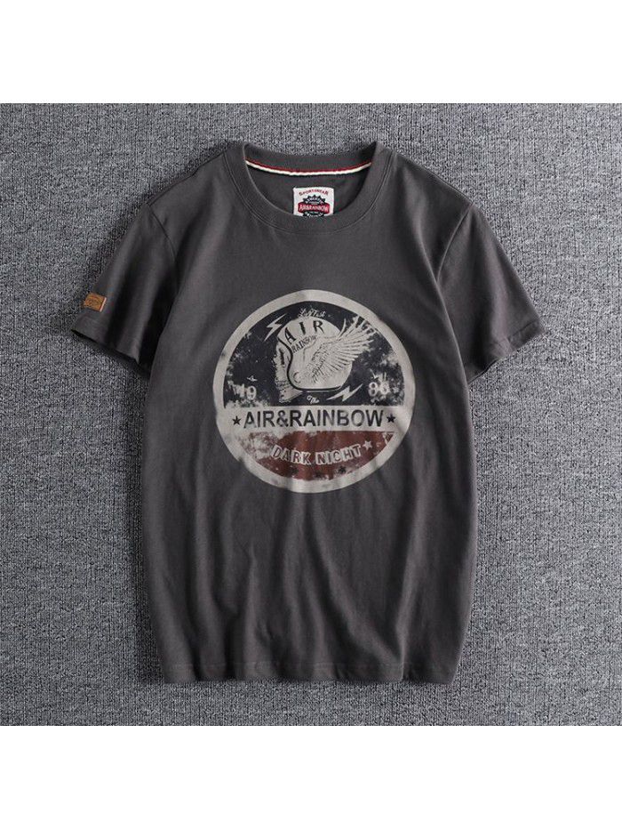 New Washed Brushed Skeleton Head Printing Foreign Trade Retro Round Neck Short Sleeve T-shirt Men's Half Sleeve T 