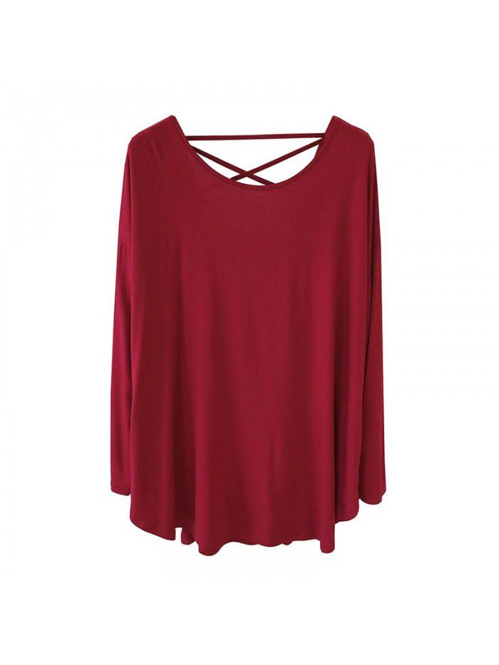 Sexy backless long sleeved T-shirt for women, loose fitting large size Korean autumn outfit, solid color drape, lazy dance dress 