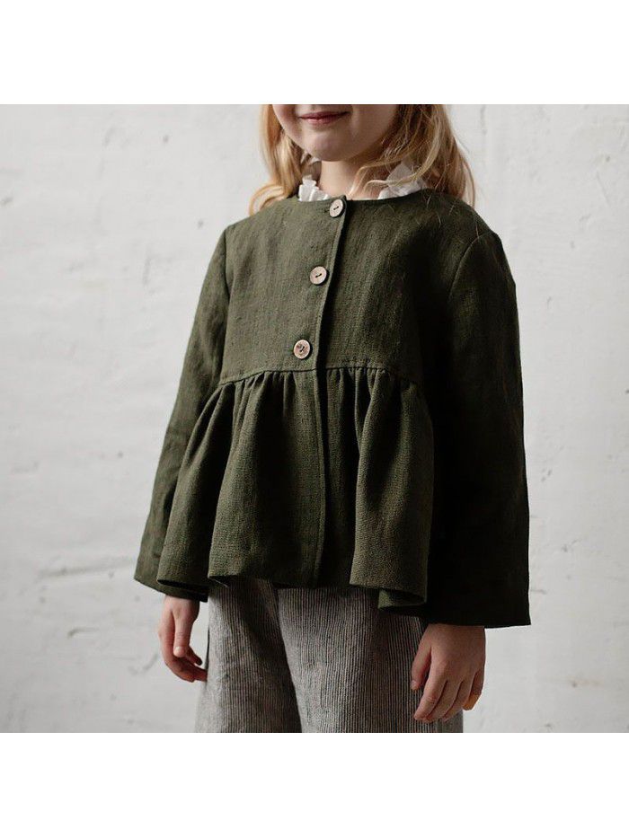 Spring and Autumn New Children's Wear Long sleeved Doll Shirt, Cotton and Hemp Small Market, Ruffle Edge Design, Girls' T-shirt Top 