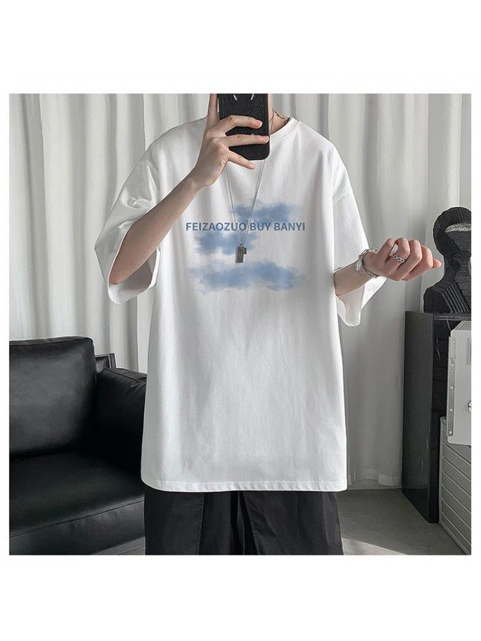 New pure cotton short sleeved T-shirt for men's creative trendy brand loose fitting men's half sleeved round neck T-shirt for men's clothing 