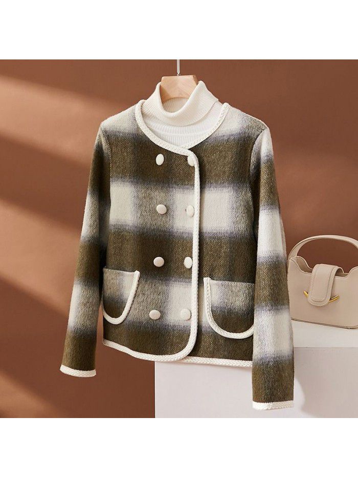 Checkered double-sided woolen coat for women's autumn and winter wool coat short coat for women's new style