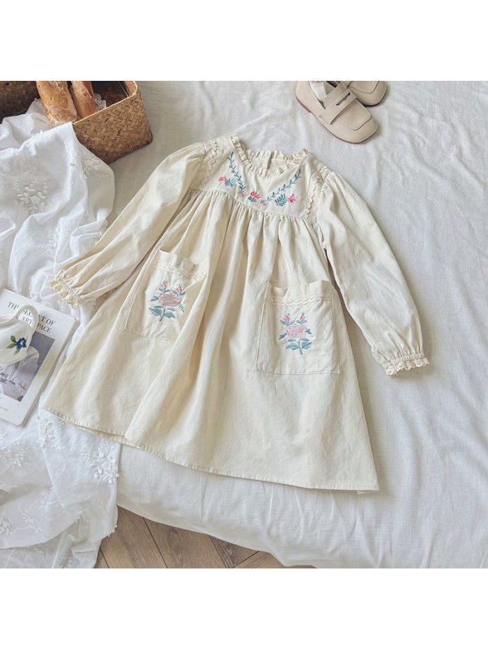 Retro Embroidered Girls' Dress Autumn Long Sleeve French Cotton Girls' Dress Fashionable 