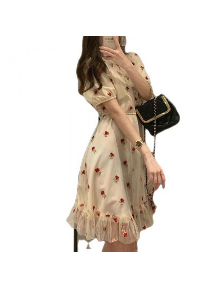 French Tea Break Girl Little Flower Dress V-neck Bubble Sleeve Mesh Dress Children's Summer New Style 