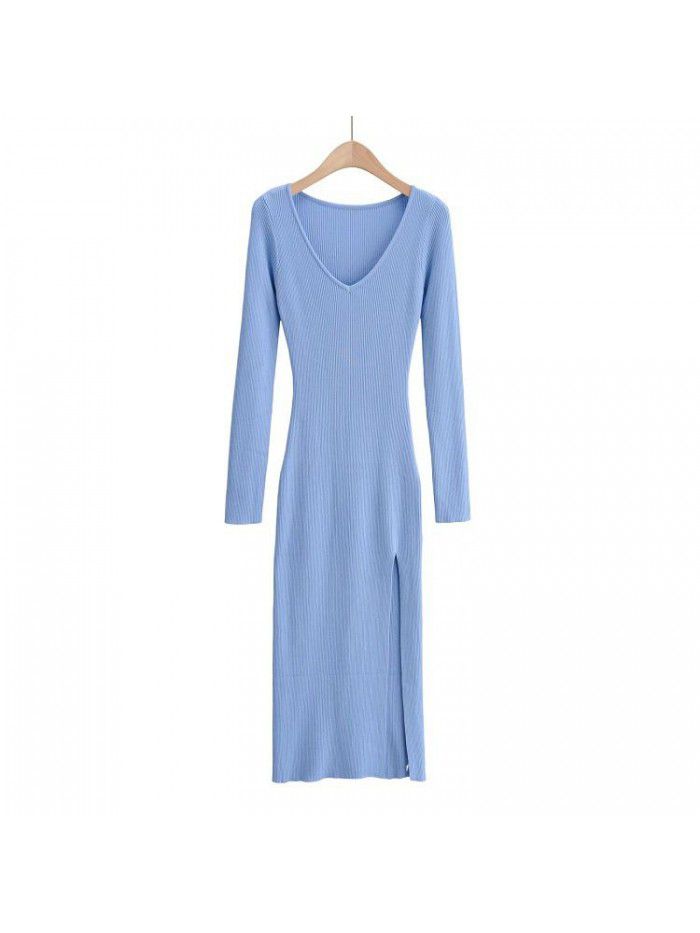 Dress Autumn and Winter Style Temperament Slim Fit V-neck Over Knee Long Dress Sexy Side Split Knitted Dress  Dress Autumn and Winter Style Temperament Slim Fit V-neck Over Knee Long Dress Sexy Side Split Knitted Dress