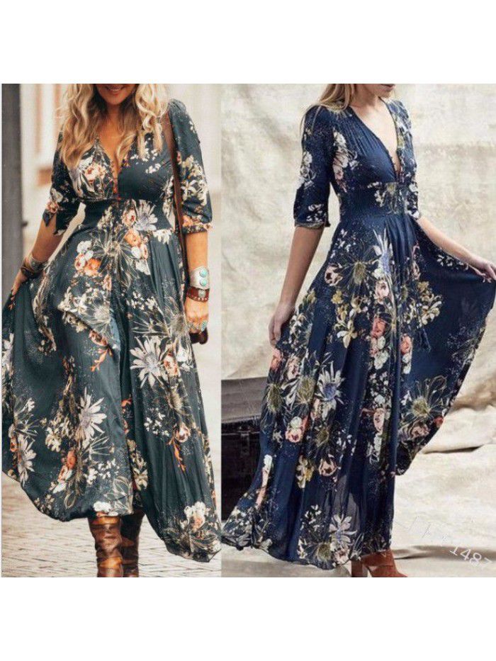 Personalized print design V-neck sexy dress 