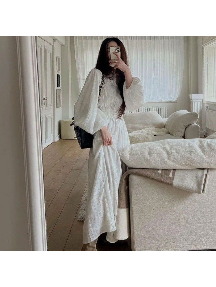 Spring French Brand Lace Standing Neck Spliced Hollow Lace Hooked Waist Dress for Women 