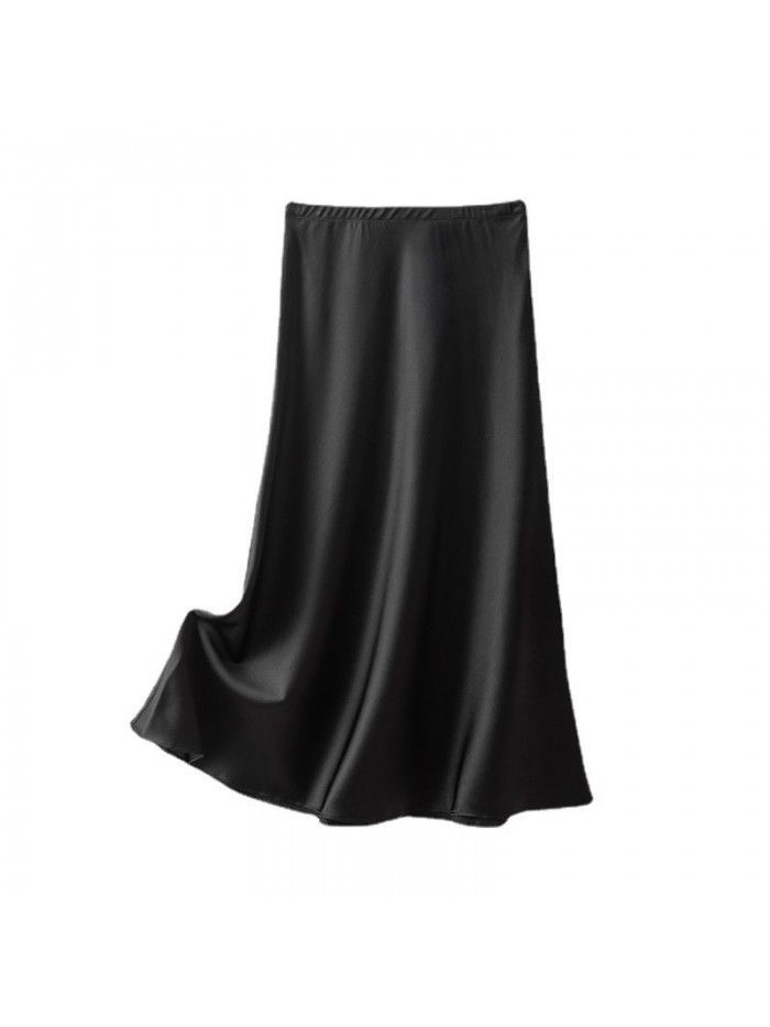 Silk Women's Summer Pear Shape Body Half Skirt Summer Temperament Slim Fit A-line Skirt Commuter Solid Silk Midskirt 