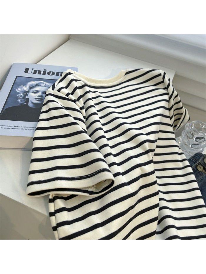 Plush matte striped round neck short sleeved T-shirt for women's spring loose beige apricot stripe bottom top 