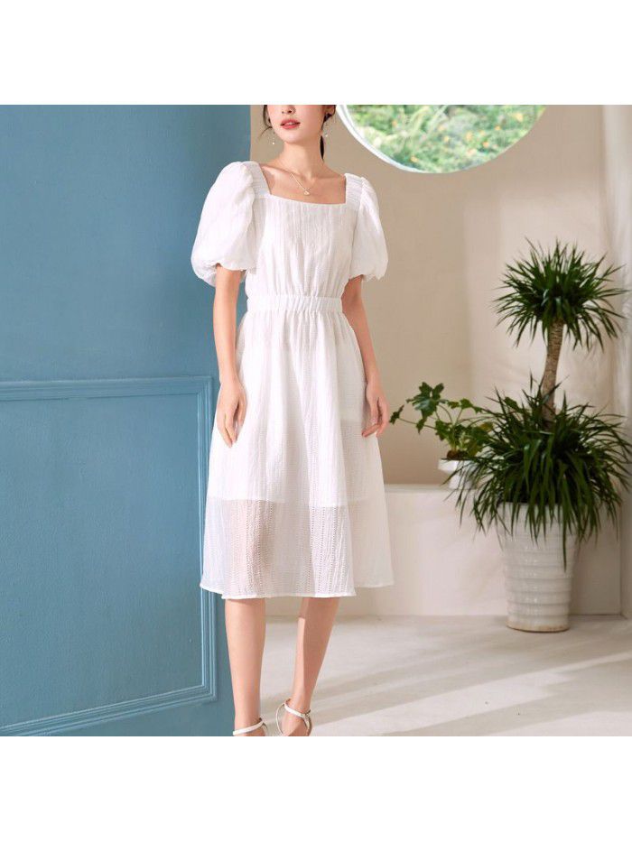 French Short Sleeve Dress Summer New Square Neck Lantern Sleeves Elegant High Waist A-line Dress 