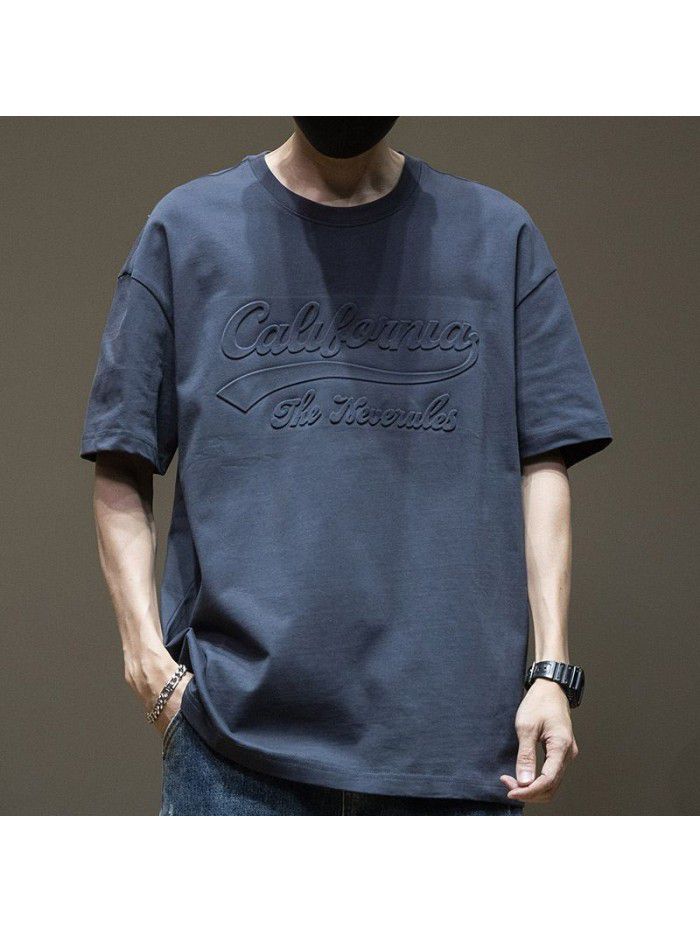 Black Short Sleeve T-shirt Men's Cotton Loose Large Men's Wear Men's Steel Print Boys' Top 