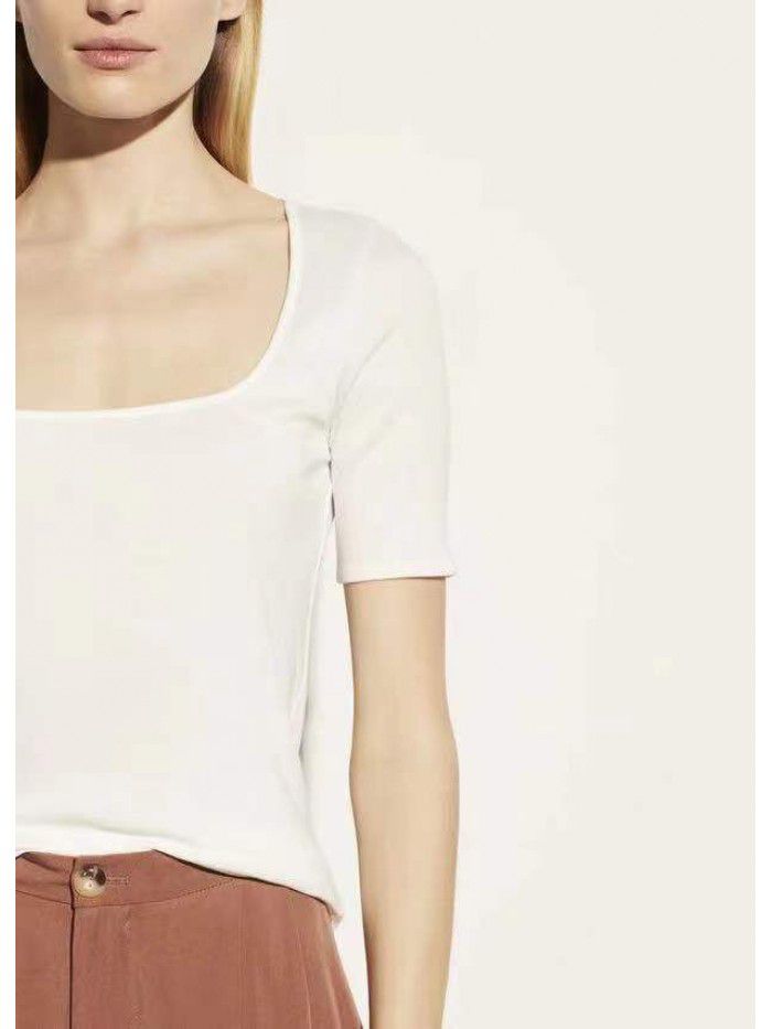 Women's T-shirt Cotton Style Commuter Square Neck Short Sleeve Slim Fit Solid Color T-shirt 