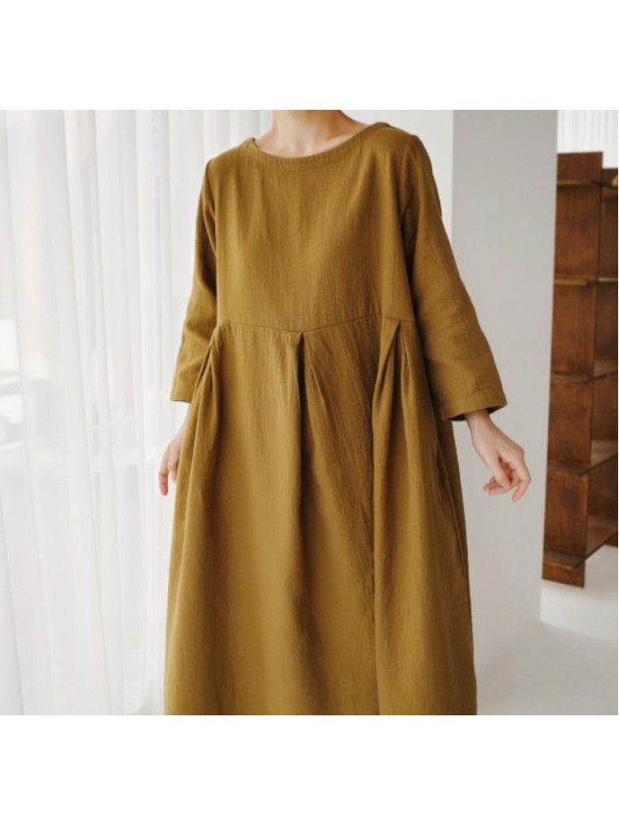 Loose Size Dress Women's Cotton Leprosy Round Neck Pullover Solid Color Over Knee Long Dress Large Swing Skirt